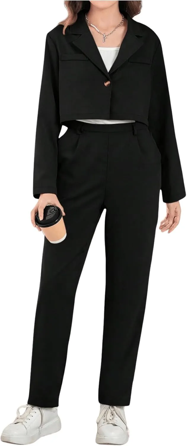 Milumia Girl's 2 Piece Outfits Long Sleeve Crop Blazer Jacket and Pants