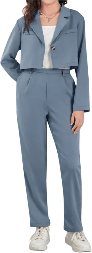 Milumia Girl's 2 Piece Outfits Long Sleeve Crop Blazer Jacket and Pants