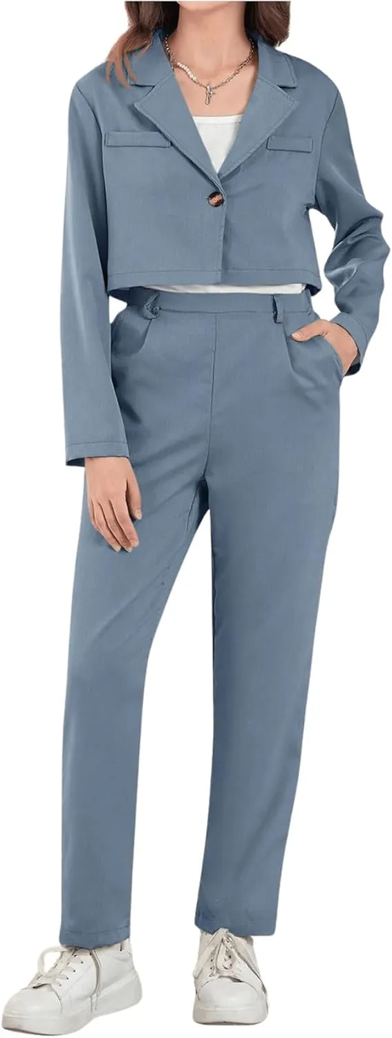 Milumia Girl's 2 Piece Outfits Long Sleeve Crop Blazer Jacket and Pants