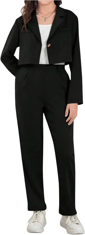 Milumia Girl's 2 Piece Outfits Long Sleeve Crop Blazer Jacket and Pants