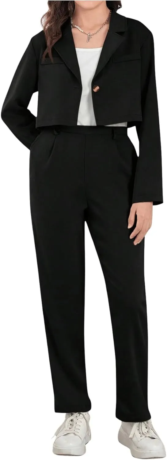 Milumia Girl's 2 Piece Outfits Long Sleeve Crop Blazer Jacket and Pants
