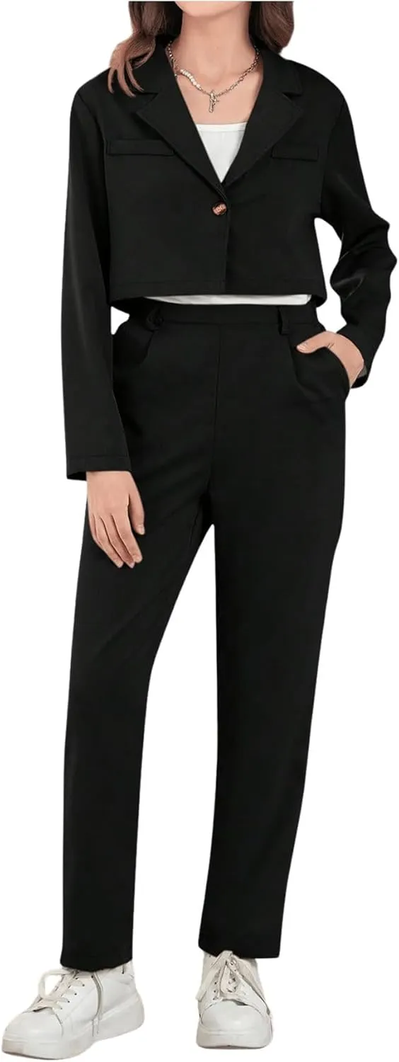 Milumia Girl's 2 Piece Outfits Long Sleeve Crop Blazer Jacket and Pants