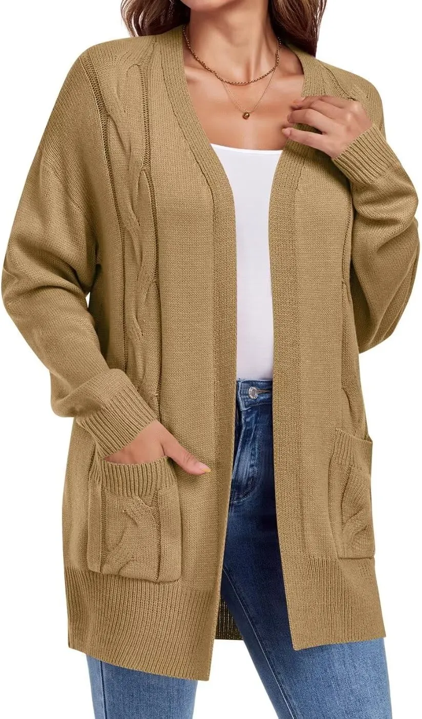 MONNURO Plus Size Cardigan Sweater for Women Long Sleeve Cable Knit Open Front Cardigan Outwear with Pockets