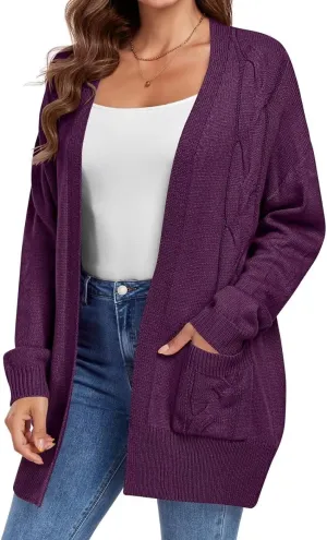 MONNURO Plus Size Cardigan Sweater for Women Long Sleeve Cable Knit Open Front Cardigan Outwear with Pockets