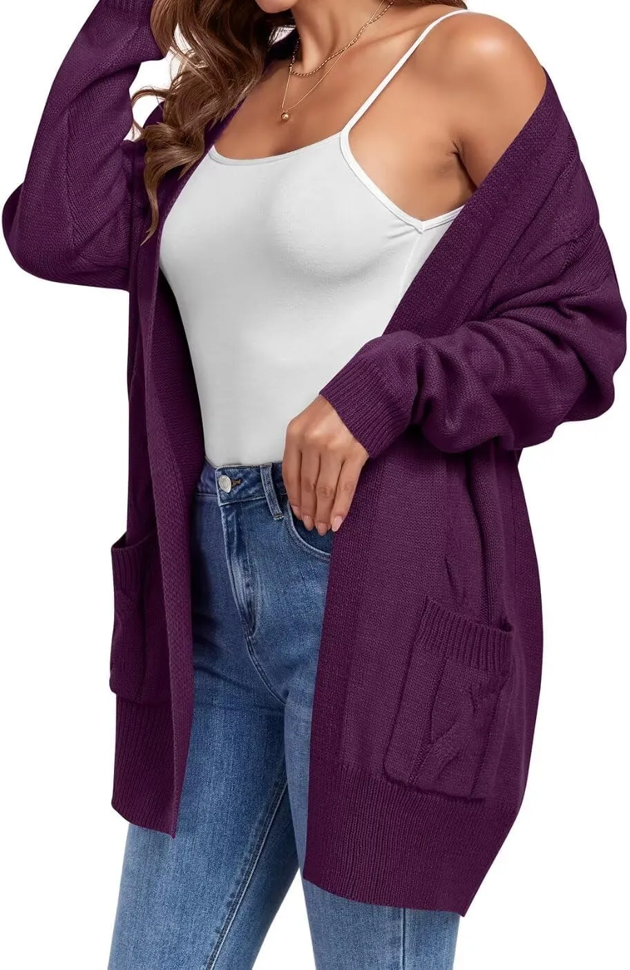 MONNURO Plus Size Cardigan Sweater for Women Long Sleeve Cable Knit Open Front Cardigan Outwear with Pockets