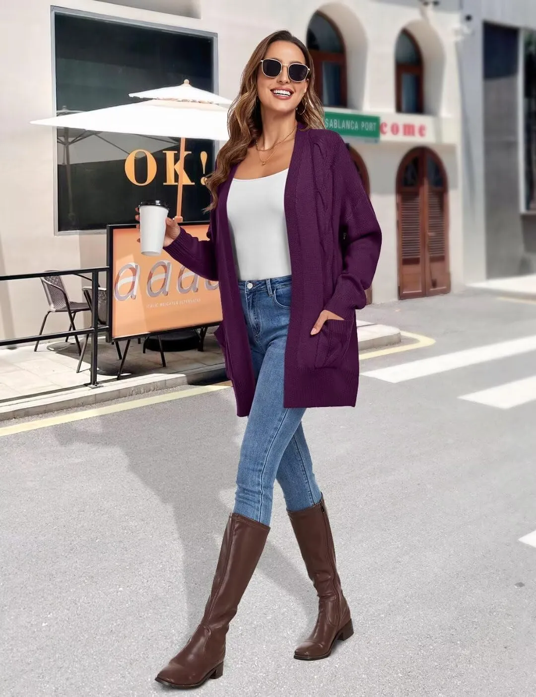 MONNURO Plus Size Cardigan Sweater for Women Long Sleeve Cable Knit Open Front Cardigan Outwear with Pockets