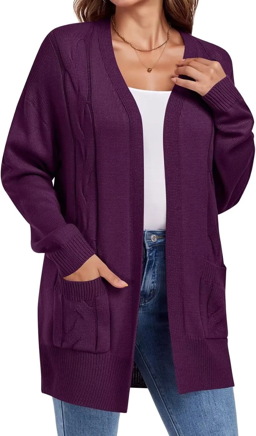 MONNURO Plus Size Cardigan Sweater for Women Long Sleeve Cable Knit Open Front Cardigan Outwear with Pockets