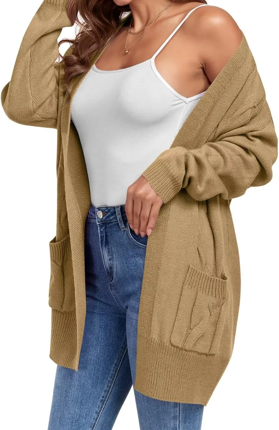 MONNURO Plus Size Cardigan Sweater for Women Long Sleeve Cable Knit Open Front Cardigan Outwear with Pockets