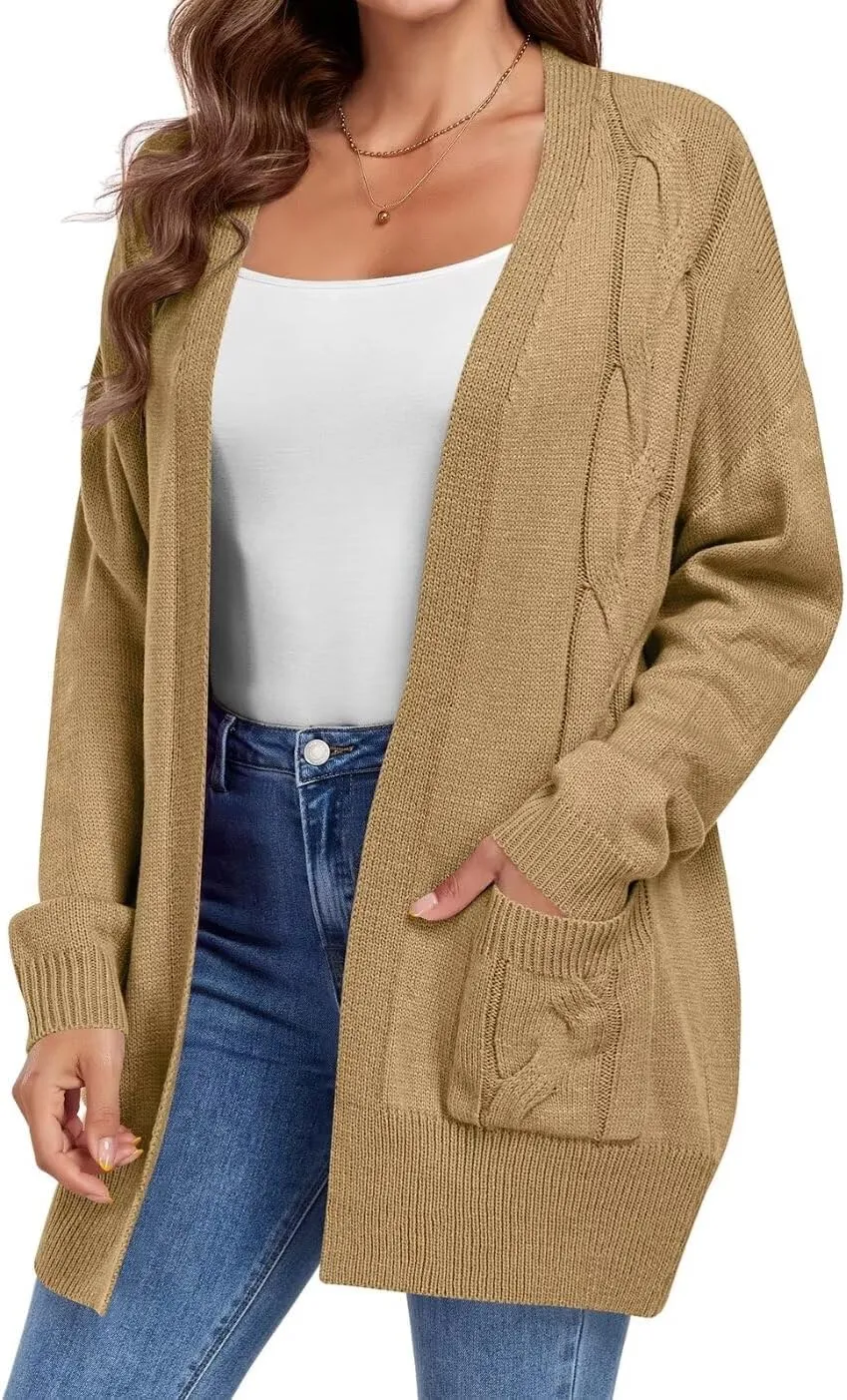 MONNURO Plus Size Cardigan Sweater for Women Long Sleeve Cable Knit Open Front Cardigan Outwear with Pockets