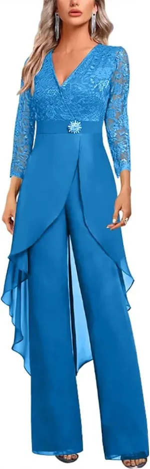 Mother of The Bride Pant Suits 2 Pieces 3/4 Sleeve Wedding Guest Jumpsuit for Women