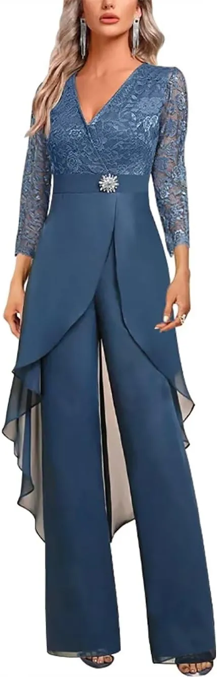 Mother of The Bride Pant Suits 2 Pieces 3/4 Sleeve Wedding Guest Jumpsuit for Women