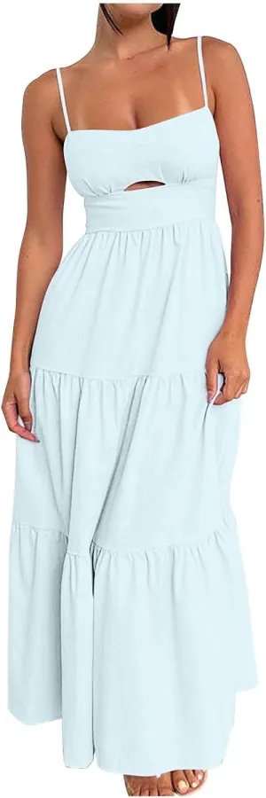 NaRHbrg Women's Spaghetti Strap Maxi Dress Cutout High Waist Tiered Flowy Summer Beach Sundress Casual Long Dresses