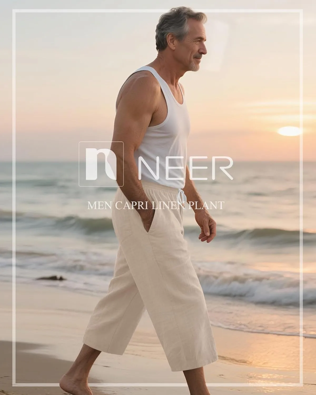 Neer 2 Pack Men's Linen Capri Pants, Lightweight Baggy 3/4 Shorts Drawstring Elastic Waist Beach Yoga Pants with Pockets
