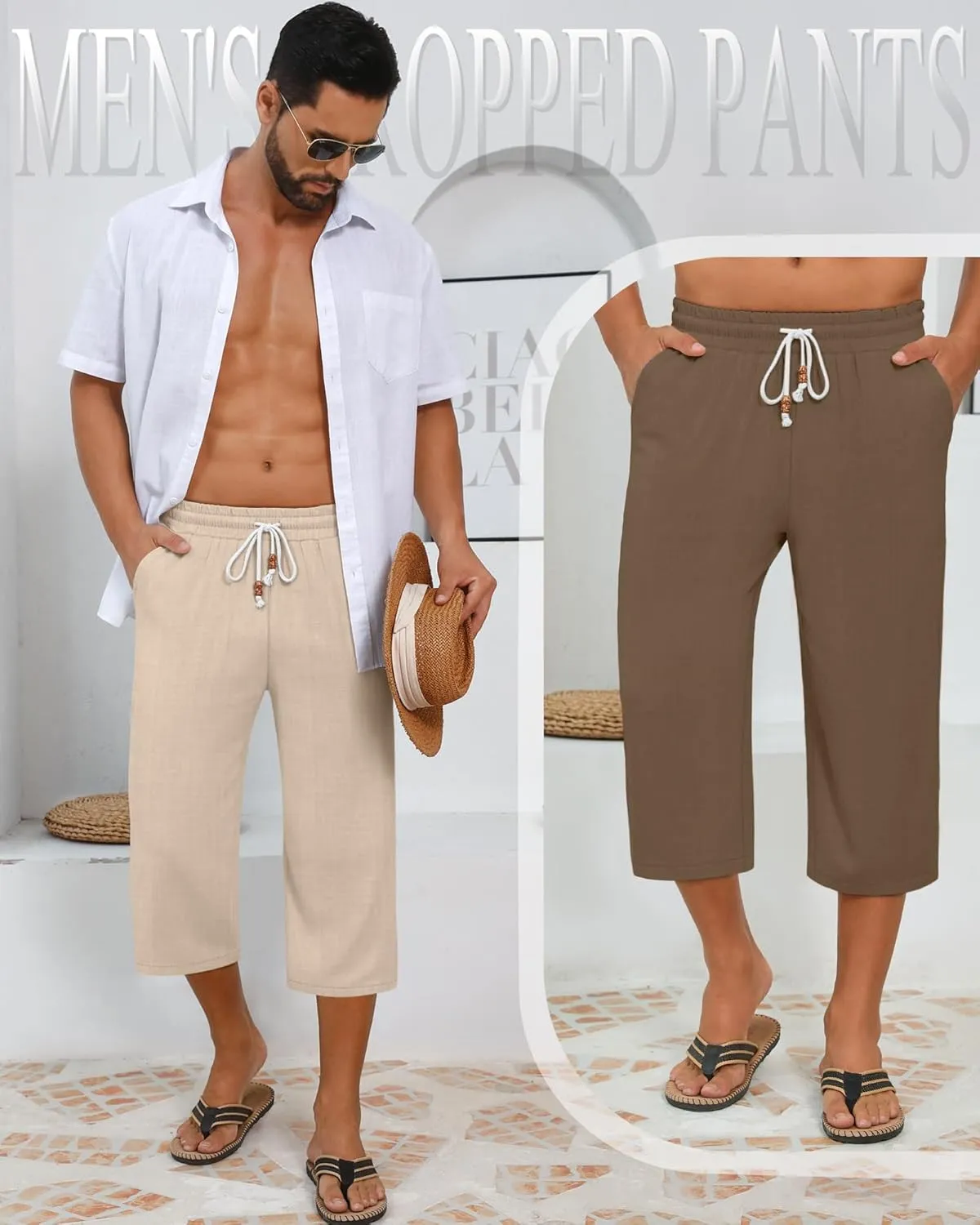 Neer 2 Pack Men's Linen Capri Pants, Lightweight Baggy 3/4 Shorts Drawstring Elastic Waist Beach Yoga Pants with Pockets