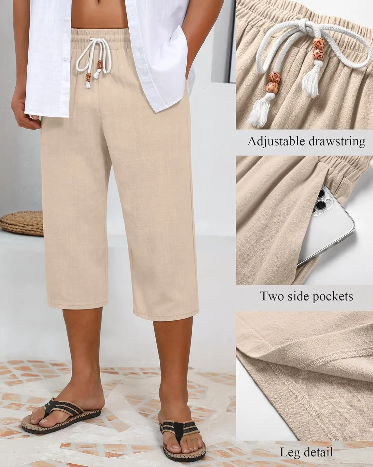 Neer 2 Pack Men's Linen Capri Pants, Lightweight Baggy 3/4 Shorts Drawstring Elastic Waist Beach Yoga Pants with Pockets