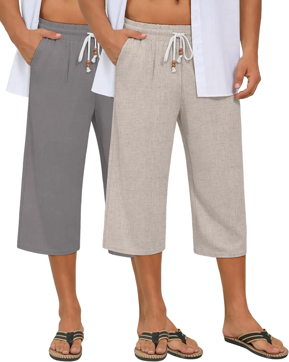 Neer 2 Pack Men's Linen Capri Pants, Lightweight Baggy 3/4 Shorts Drawstring Elastic Waist Beach Yoga Pants with Pockets