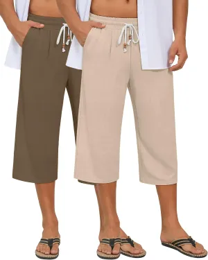 Neer 2 Pack Men's Linen Capri Pants, Lightweight Baggy 3/4 Shorts Drawstring Elastic Waist Beach Yoga Pants with Pockets