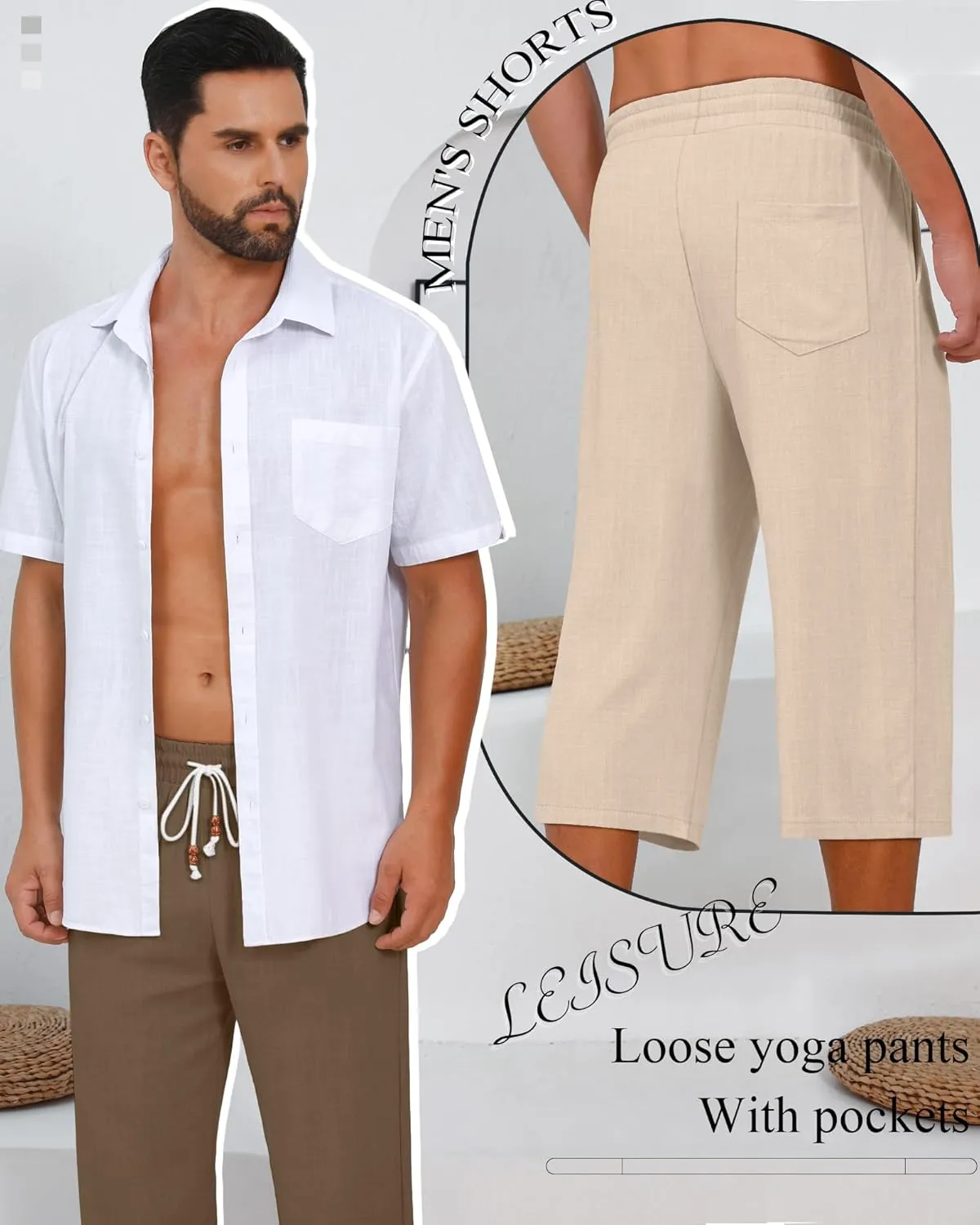 Neer 2 Pack Men's Linen Capri Pants, Lightweight Baggy 3/4 Shorts Drawstring Elastic Waist Beach Yoga Pants with Pockets