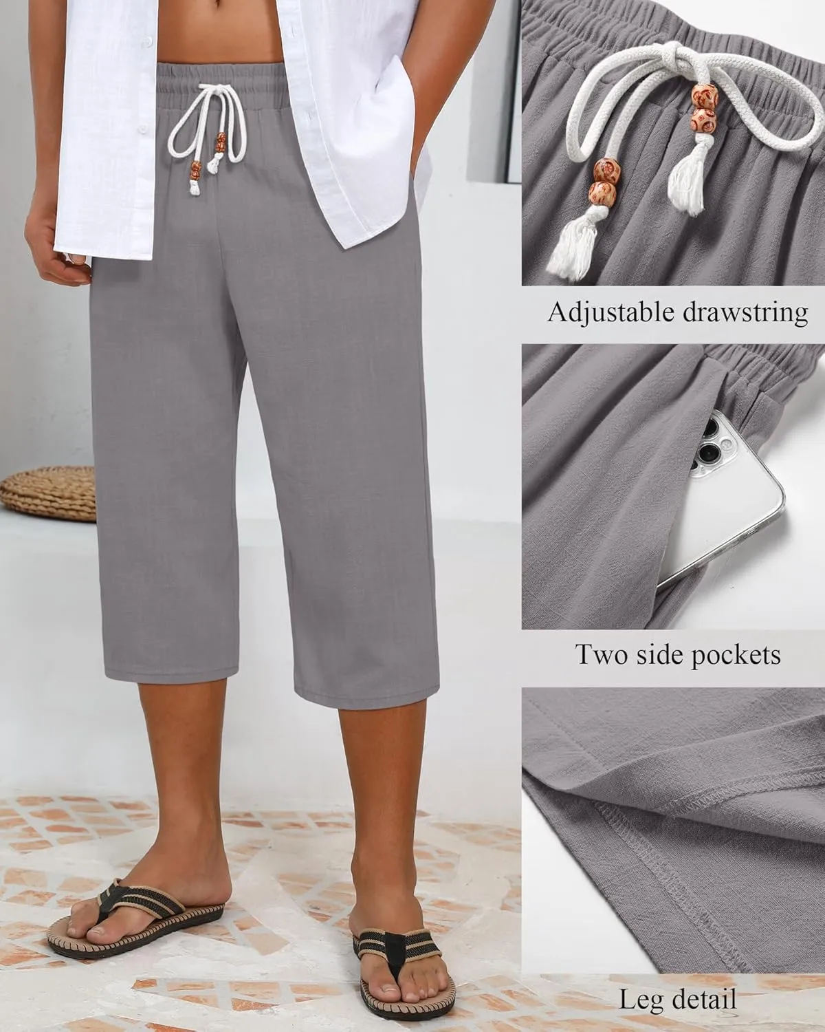 Neer 2 Pack Men's Linen Capri Pants, Lightweight Baggy 3/4 Shorts Drawstring Elastic Waist Beach Yoga Pants with Pockets