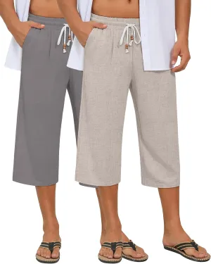 Neer 2 Pack Men's Linen Capri Pants, Lightweight Baggy 3/4 Shorts Drawstring Elastic Waist Beach Yoga Pants with Pockets