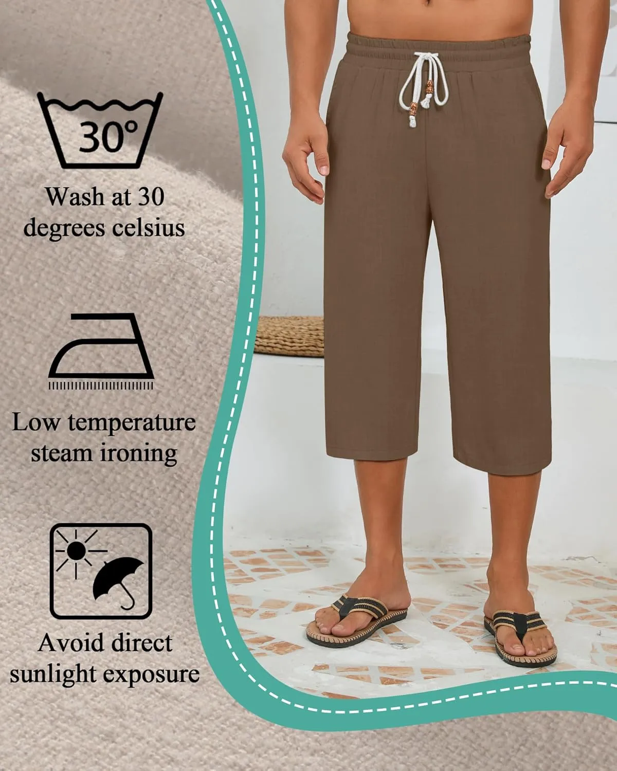 Neer 2 Pack Men's Linen Capri Pants, Lightweight Baggy 3/4 Shorts Drawstring Elastic Waist Beach Yoga Pants with Pockets