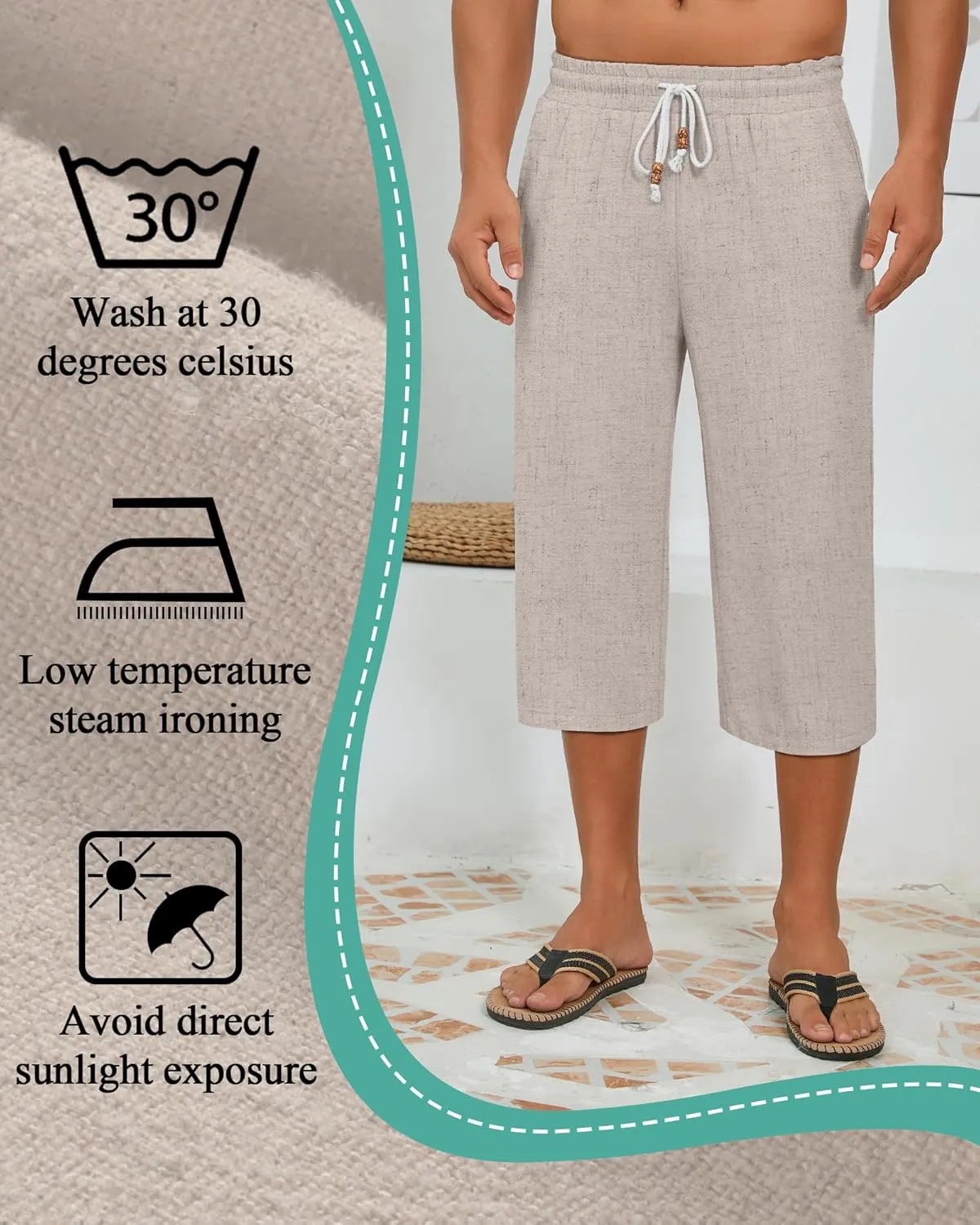 Neer 2 Pack Men's Linen Capri Pants, Lightweight Baggy 3/4 Shorts Drawstring Elastic Waist Beach Yoga Pants with Pockets