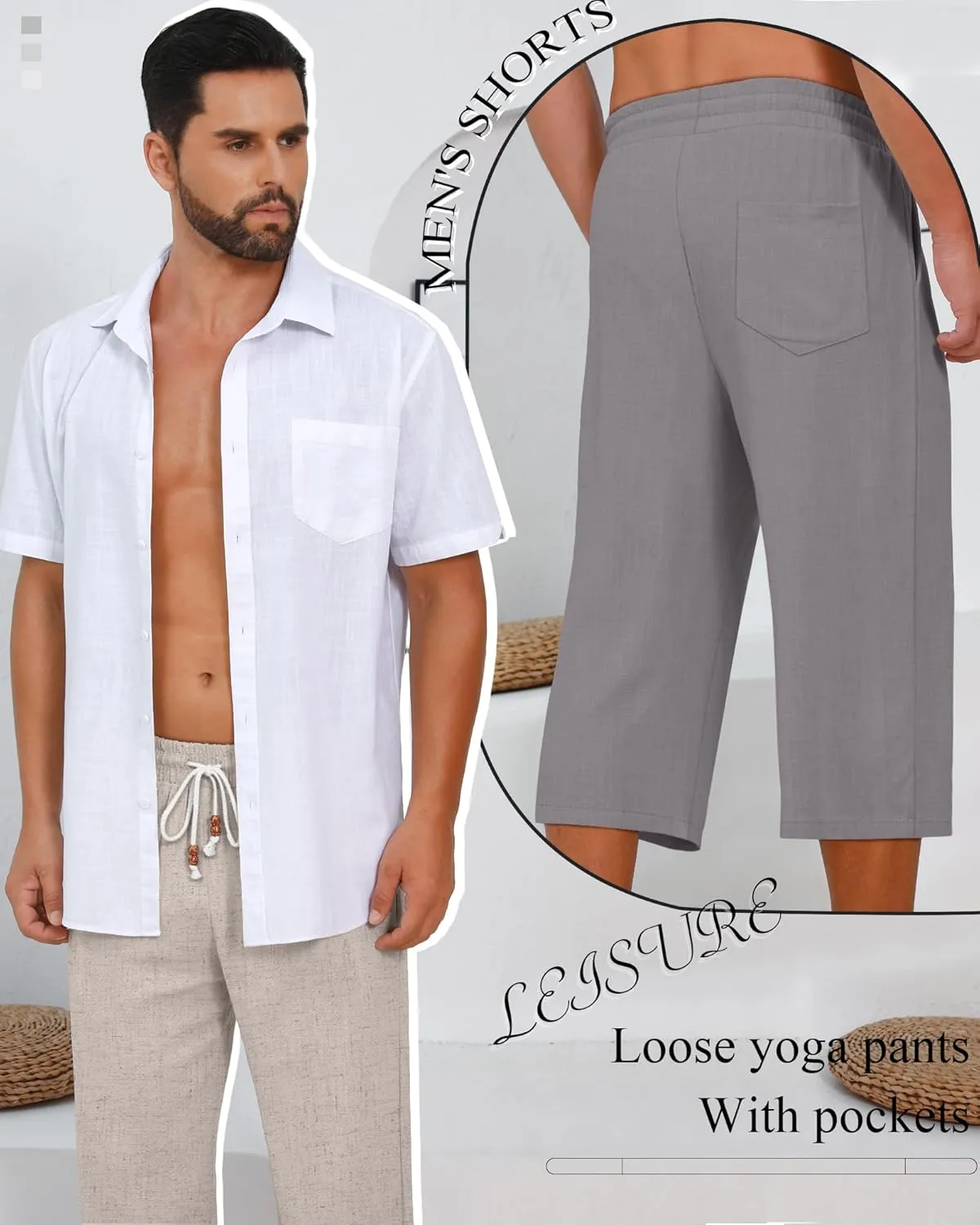 Neer 2 Pack Men's Linen Capri Pants, Lightweight Baggy 3/4 Shorts Drawstring Elastic Waist Beach Yoga Pants with Pockets