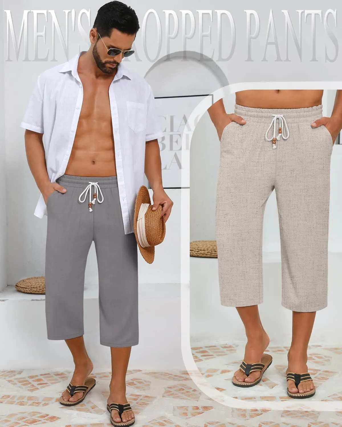 Neer 2 Pack Men's Linen Capri Pants, Lightweight Baggy 3/4 Shorts Drawstring Elastic Waist Beach Yoga Pants with Pockets
