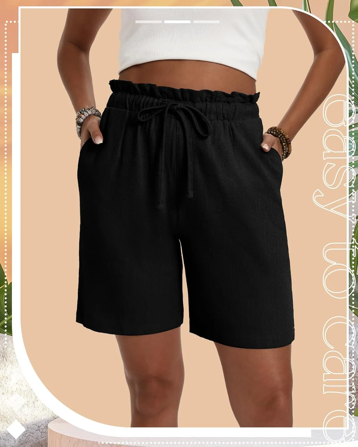 Neer 3 Pack Women's Linen Bermuda Shorts Summer Wide Leg Cotton Casual High Waist Drawstring Mid Length Shorts with Pockets