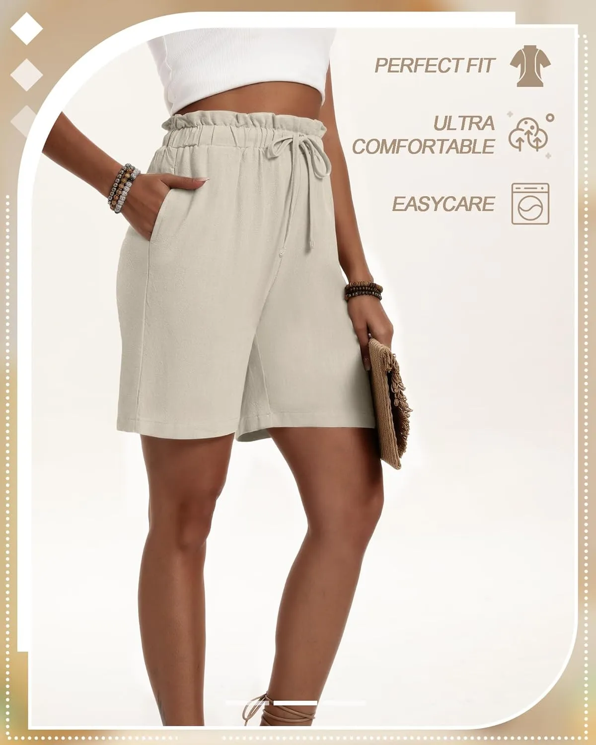 Neer 3 Pack Women's Linen Bermuda Shorts Summer Wide Leg Cotton Casual High Waist Drawstring Mid Length Shorts with Pockets