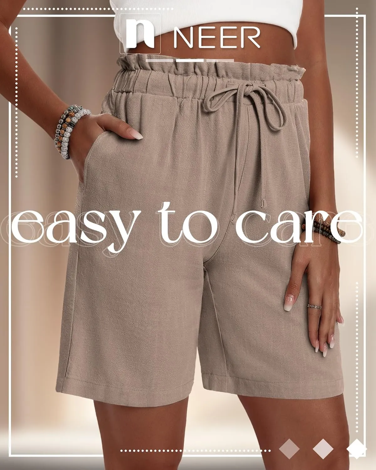 Neer 3 Pack Women's Linen Bermuda Shorts Summer Wide Leg Cotton Casual High Waist Drawstring Mid Length Shorts with Pockets