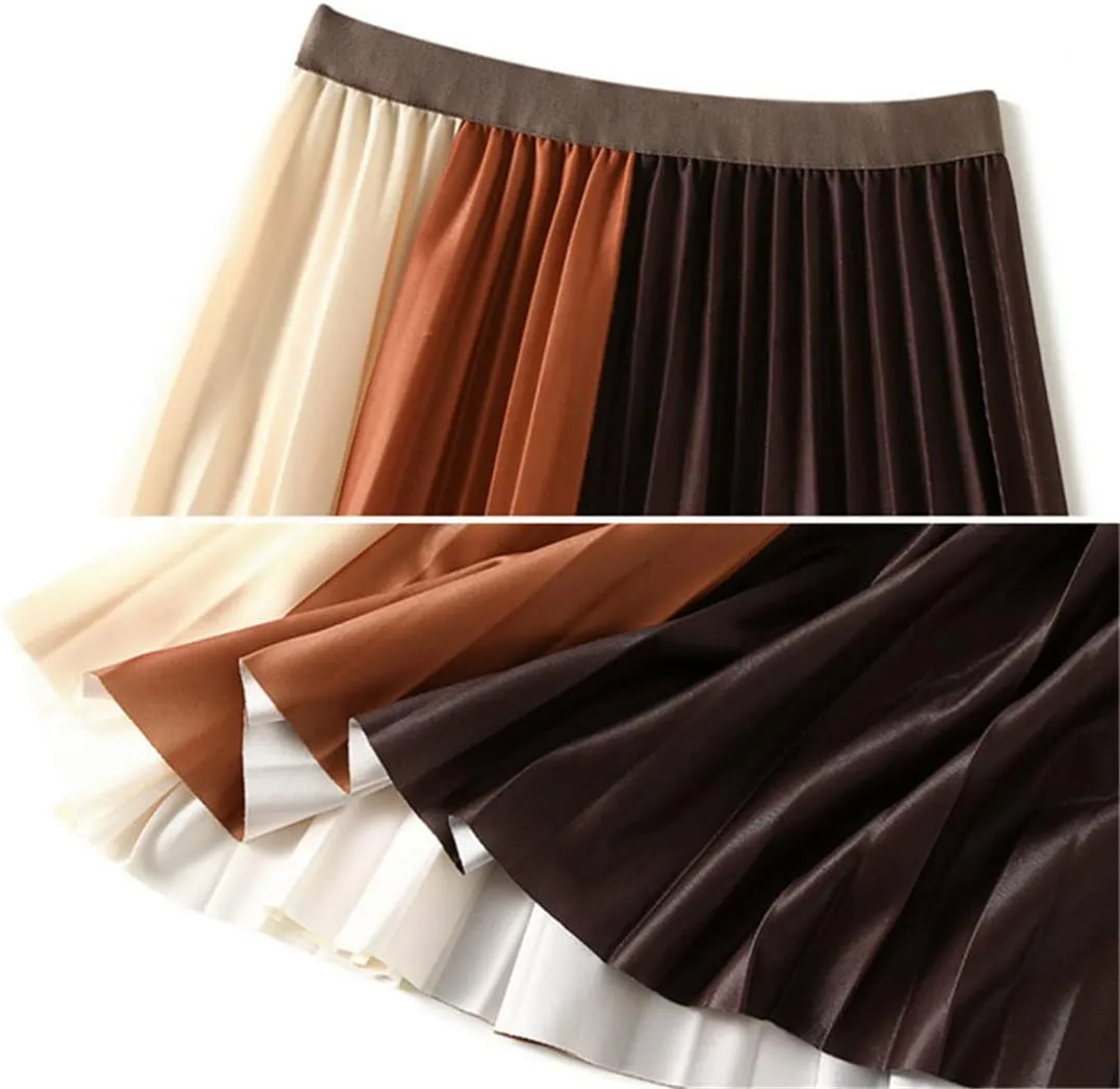 Niiyyjj Autumn Pleated Midi Skirts Women Skirt Femme Elastic High Waist Contrast Color Korean Skirt