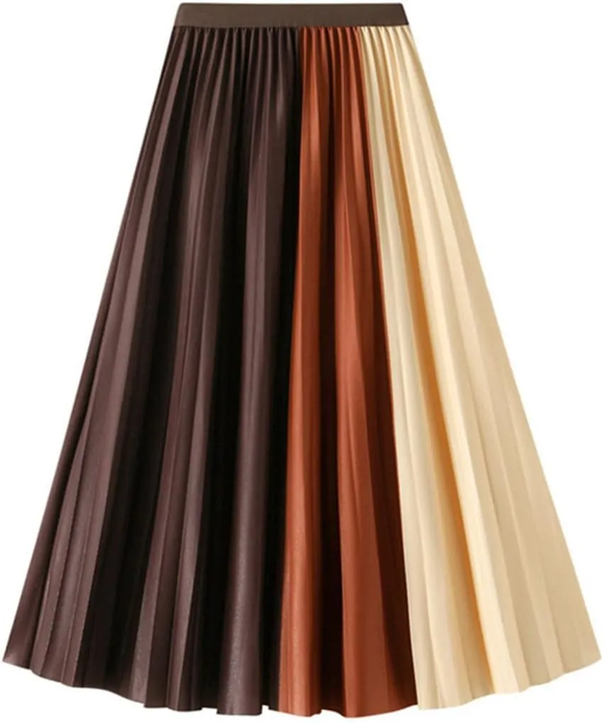 Niiyyjj Autumn Pleated Midi Skirts Women Skirt Femme Elastic High Waist Contrast Color Korean Skirt