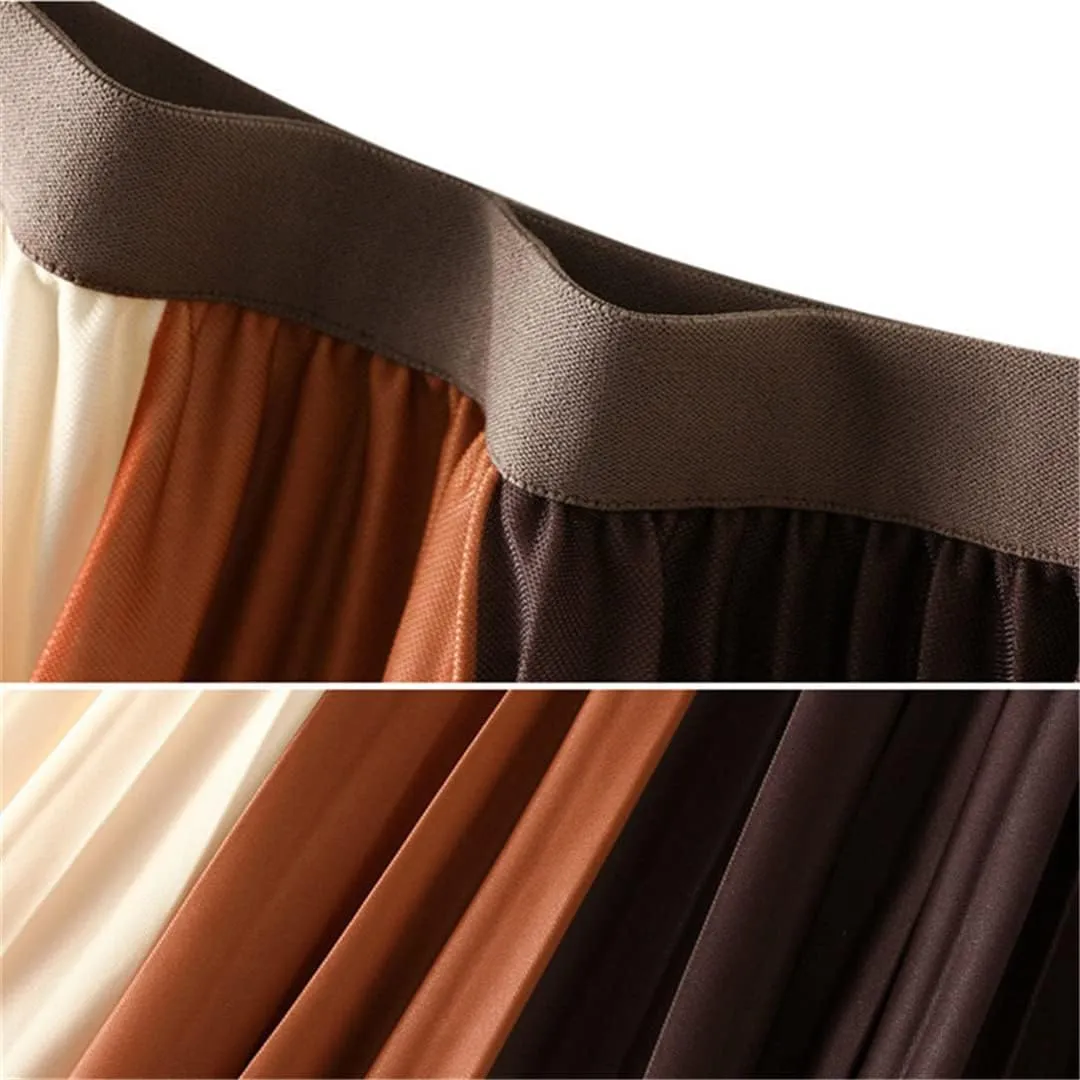 Niiyyjj Autumn Pleated Midi Skirts Women Skirt Femme Elastic High Waist Contrast Color Korean Skirt