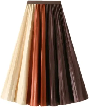 Niiyyjj Autumn Pleated Midi Skirts Women Skirt Femme Elastic High Waist Contrast Color Korean Skirt