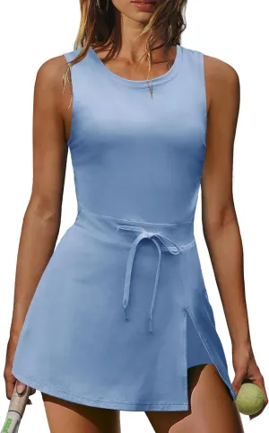 Nirovien Womens Tennis Dress with Built in Shorts and Bra Workout Athletic Rompers Open Back Skort Dress
