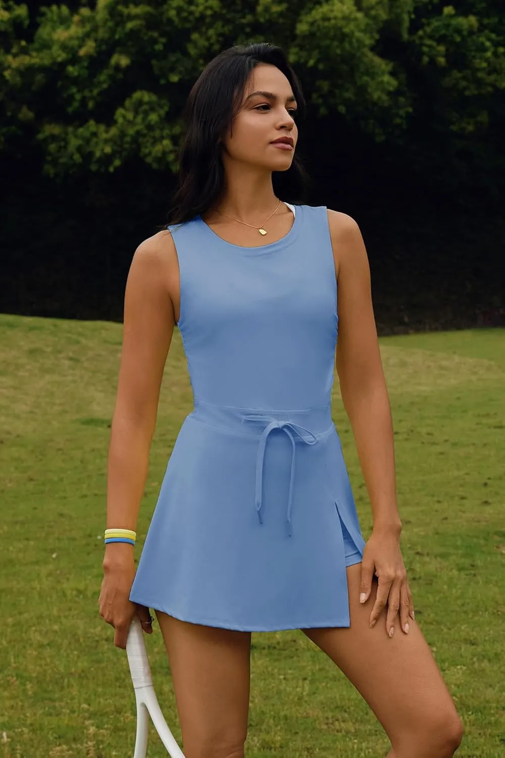 Nirovien Womens Tennis Dress with Built in Shorts and Bra Workout Athletic Rompers Open Back Skort Dress