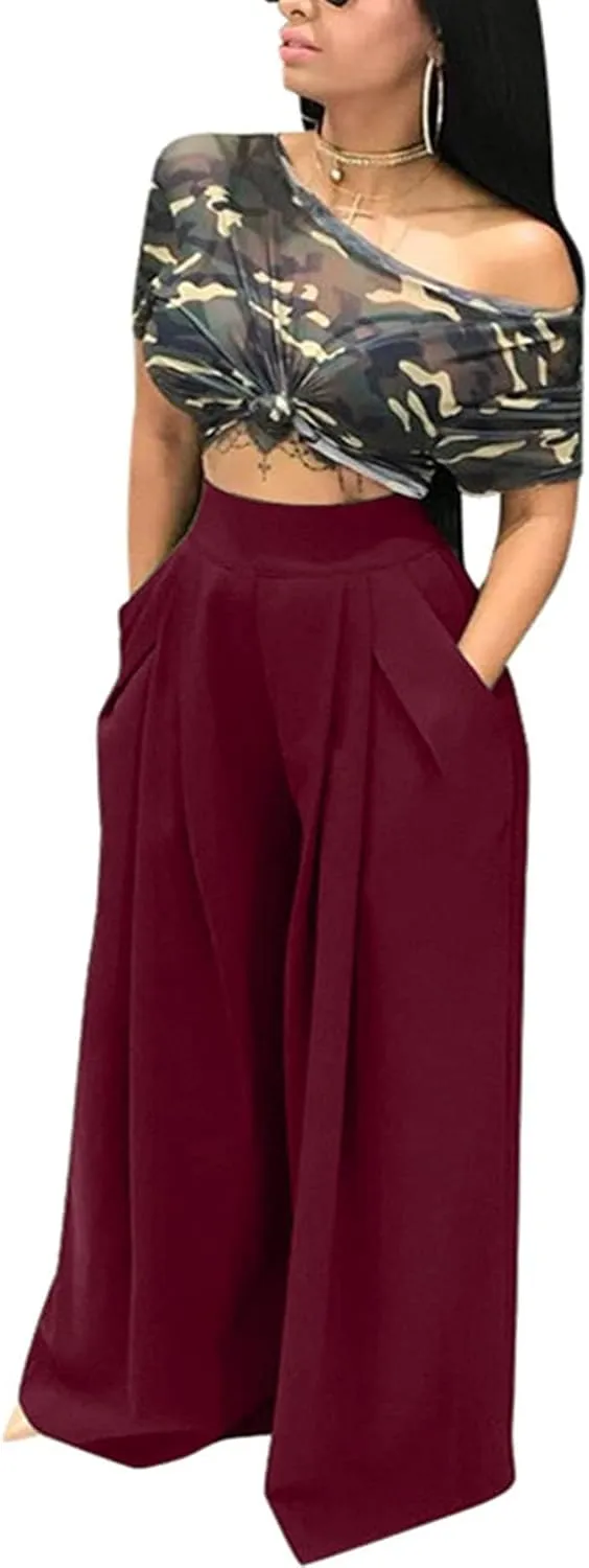 NRTHYE Womens Palazzo Long Pants High Waist Wide Leg Stretchy Loose Fit Casual Trousers with Pocket