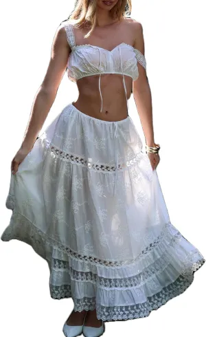NUFIWI Women Flowy Maxi Skirt 2 Piece Outfits Y2k Tie Up Cami Top Frill Ruffle Long Skirt Matching Set Sundress