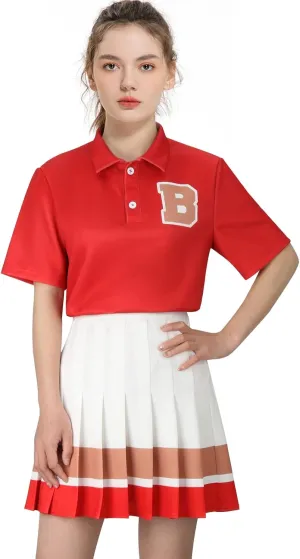 PARTYEVER Cheerleader Costume For Women School Uniform Red Short Sleeve Shirt Pleated Skirt Sets Carnival Party Outfits