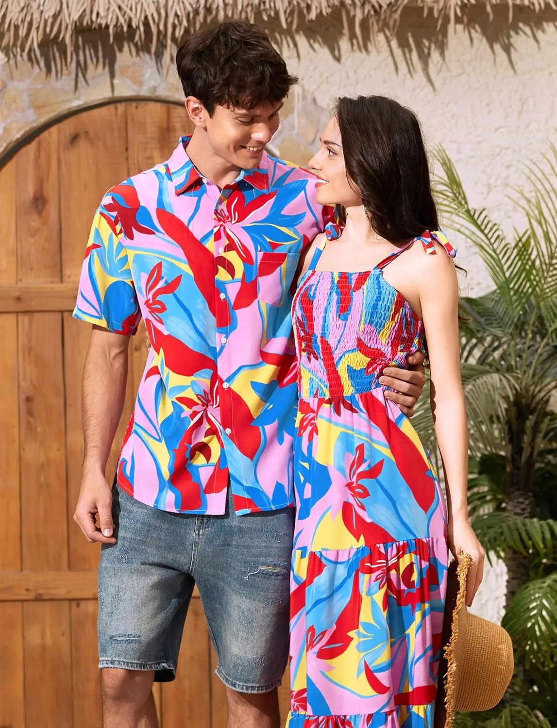 PATPAT Couples Matching Hawaiian Outfits: Beach Vacation Tropical Print Women Spaghetti Strap Maxi Dress or Men Cruise Shirt