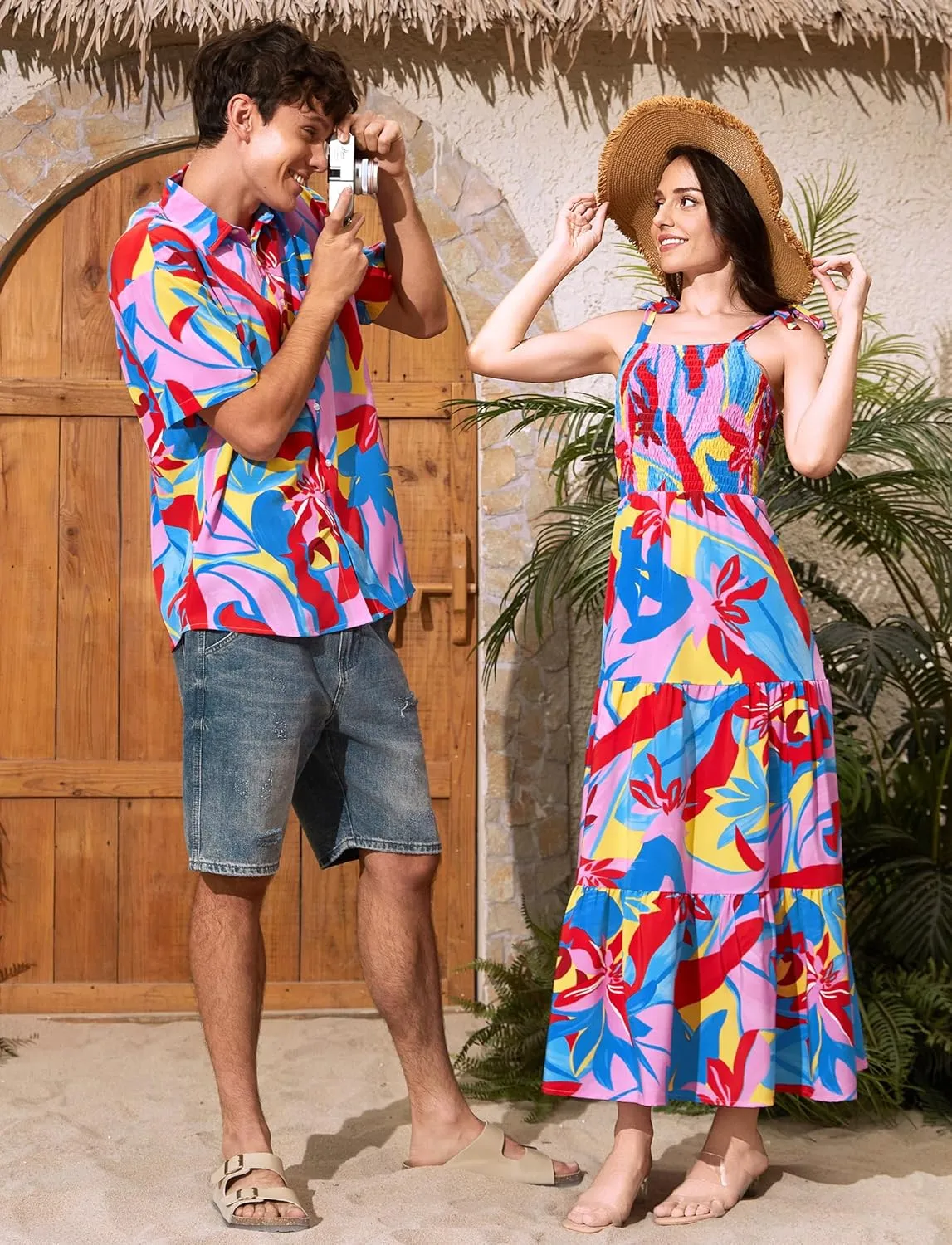 PATPAT Couples Matching Hawaiian Outfits: Beach Vacation Tropical Print Women Spaghetti Strap Maxi Dress or Men Cruise Shirt