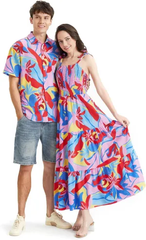 PATPAT Couples Matching Hawaiian Outfits: Beach Vacation Tropical Print Women Spaghetti Strap Maxi Dress or Men Cruise Shirt