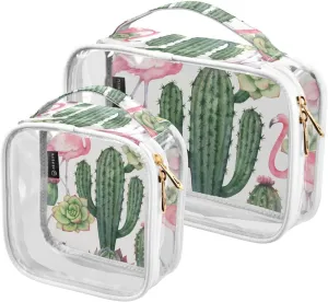 Pink-flamingo-cacti-print 2 Pack Clear Toiletry Bag Women Men, Portable Waterproof Clear Pouch, Cosmetic Bag with Double Zippers Large Opening Traveling with Handle for Bathroom Traveling Vacation Org