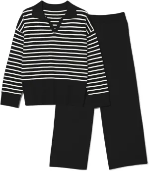 Pink Queen Sweater Sets for Women 2 Piece Long Sleeve Collar V Neck Sweatsuit Knitted Stripe Pajamas
