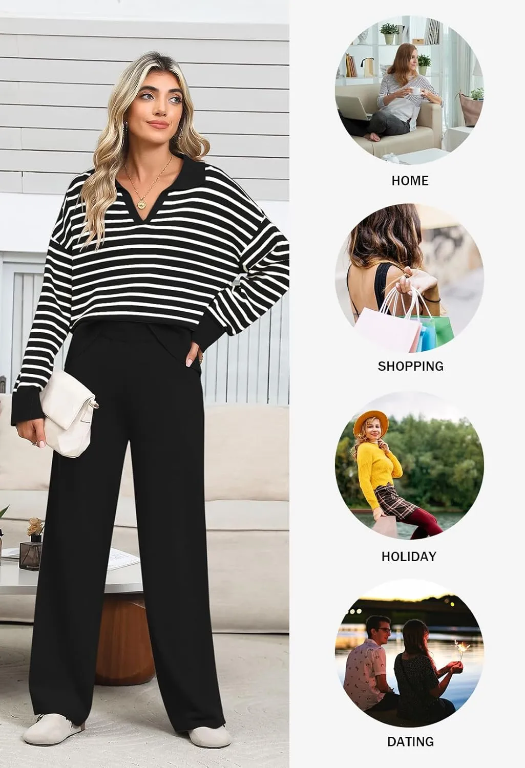 Pink Queen Sweater Sets for Women 2 Piece Long Sleeve Collar V Neck Sweatsuit Knitted Stripe Pajamas