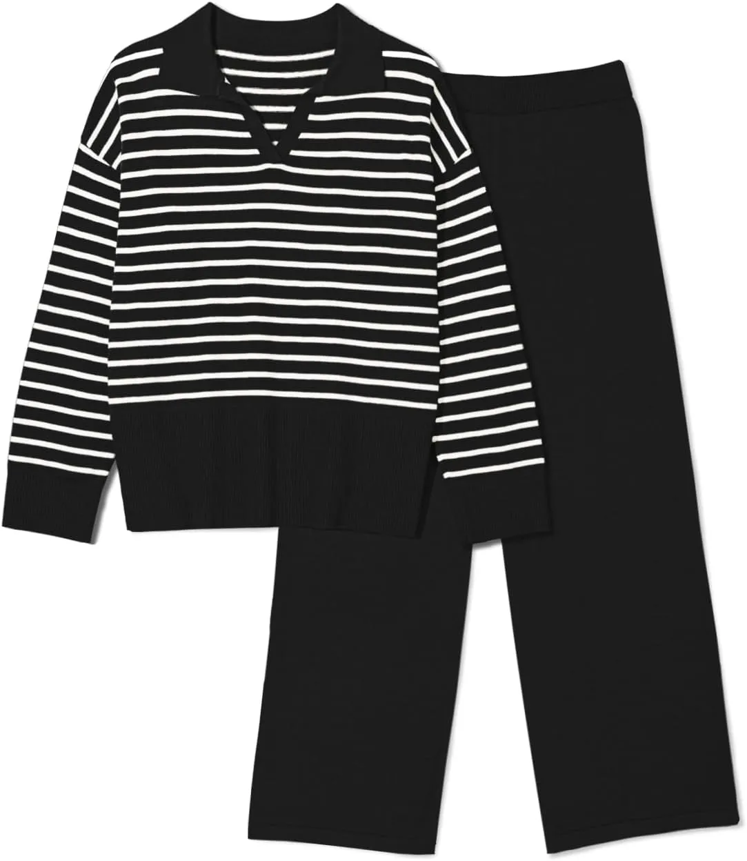 Pink Queen Sweater Sets for Women 2 Piece Long Sleeve Collar V Neck Sweatsuit Knitted Stripe Pajamas