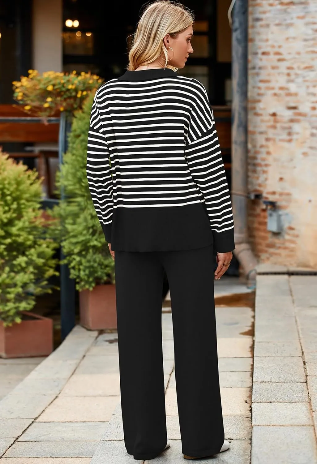 Pink Queen Sweater Sets for Women 2 Piece Long Sleeve Collar V Neck Sweatsuit Knitted Stripe Pajamas