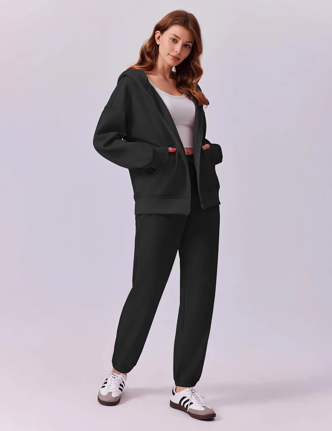 PINSPARK 2 Piece Sets for Women Fleece Sweatsuits Zip Up Hoodie Sweatshirts Drawstring Jogger Sweatpants With Pockets 2024