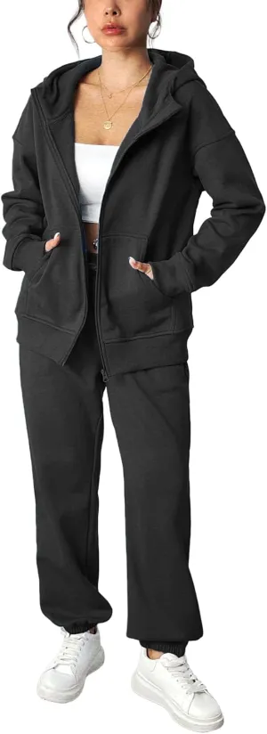 PINSPARK 2 Piece Sets for Women Fleece Sweatsuits Zip Up Hoodie Sweatshirts Drawstring Jogger Sweatpants With Pockets 2024